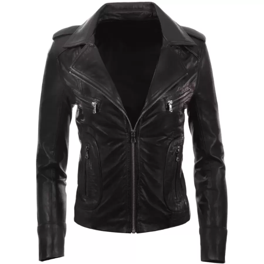 Women Real Leather Biker Jacket N8UL - Black - View 1