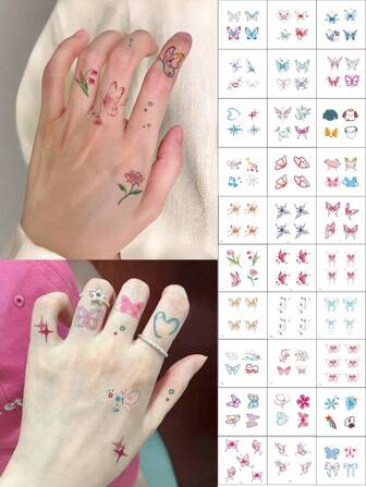30 张 Y2K 临时纹身 蝴蝶纹身 小手指纹身贴纸 可爱小型临时纹身 男女皆宜 卡通花朵心形图案 假纹身 多色持久彩色人体艺术
