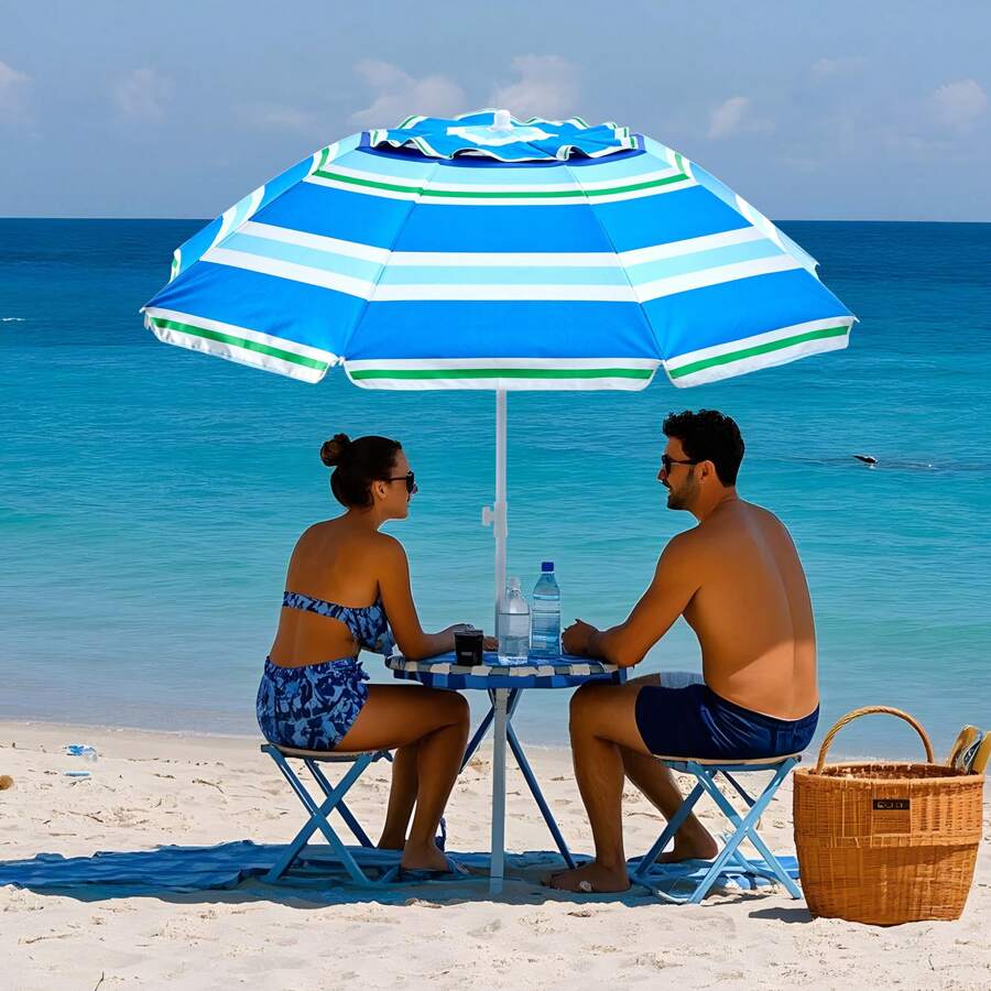 Outdoor Umbrella - Sun Protection, Rain Resistant, Windproof With Manual Open-Close Feature - Ideal For Beach, Camping, And Picnics - Blue and White - View 1