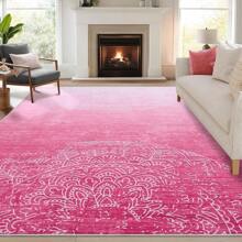 Alfombra de área grande y lavable, estilo bohemio, alfombra vintage estampada, alfombra floral desgastada, de pelo bajo y suave para sala de estar, dormitorio, comedor, oficina, casa de campo - Rosa - Ver 1