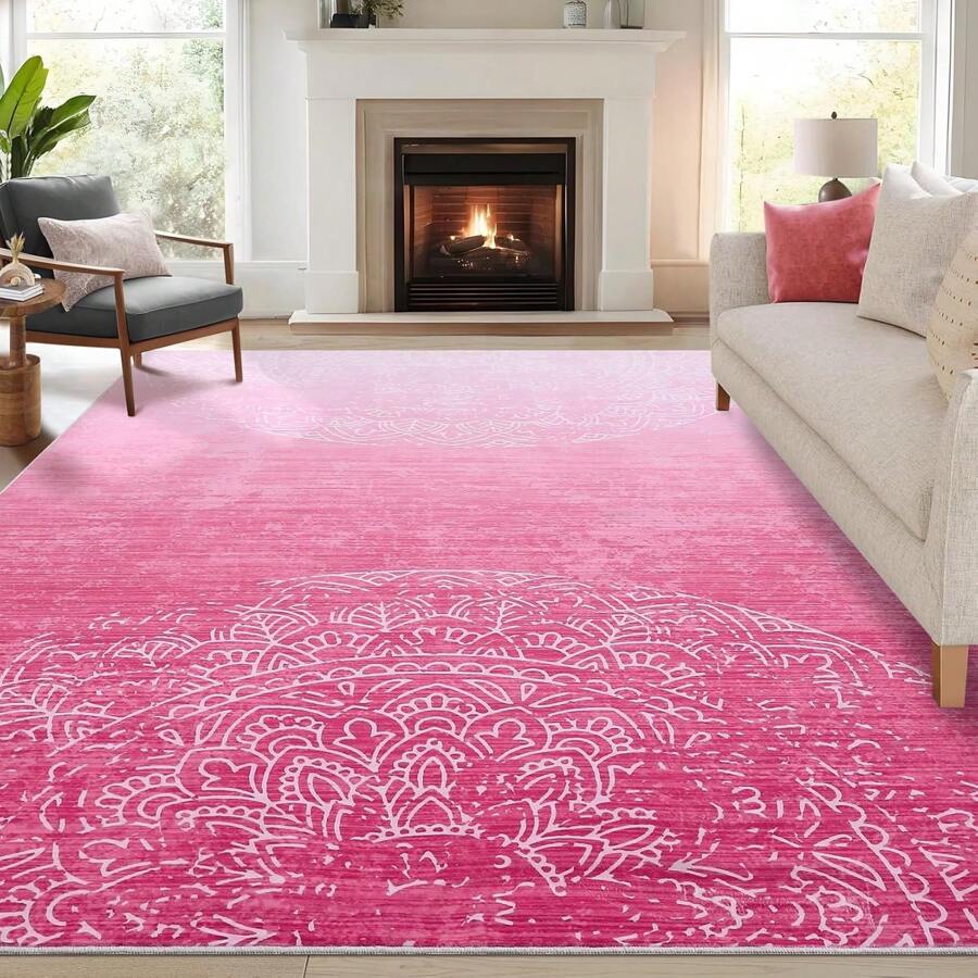 Alfombra de área grande y lavable, estilo bohemio, alfombra vintage estampada, alfombra floral desgastada, de pelo bajo y suave para sala de estar, dormitorio, comedor, oficina, casa de campo - Rosa - Ver 1