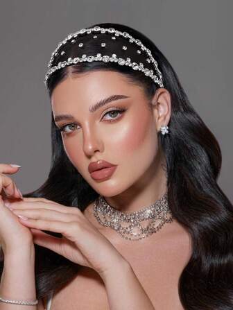 1pc Luxury Black Mesh Rhinestone Decor Wide Headband, Elegant & Fashionable For Women, Suitable For Wedding, Party, Daily Wear, Versatile Holiday Party Hair Accessory