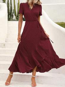 Women's Summer Wrap Dress Casual Boho Chic Floral V-Neck Short Sleeve Flanged Beach Holiday Dress - Màu Đỏ Sâu - Xem 6