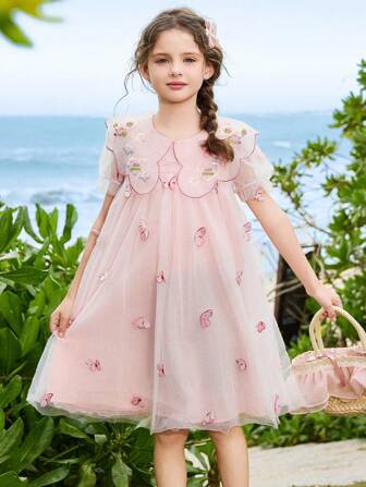 夏季少女仙女蝴蝶贴花透明网眼时尚彼得潘领连衣裙