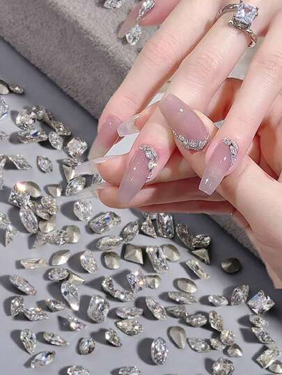 50pcs 3D Micro Mini Shiny Zirconia Crystal Glass Nail Decoration DIY, Mixed Shapes Include Marquise, Teardrop, Trapezoid, Oval, Rectangle, Cone Bottom, Suitable For Nail Art Design, Jewelry, Coffin Nails, French Almond Nails, Long/Short Nails, Oval, Square Nails, Jewelry Crafting, Graduation Cap Design, DIY Phone Case Decoration