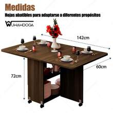 Mesa de madera plegable, mesa de comedor con estante de almacenamiento, ahorro de espacio, mesa de comedor móvil con ruedas, mesa de madera rectangular con tapa abatible (color café) es un regalo perfecto para el Día de Muertos, Halloween, Acción de Gracias y Navidad - Marrón - Ver 4