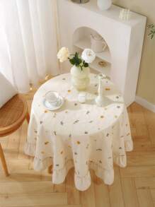 1 块奢华杏色花卉刺绣裙形褶皱荷叶边桌布，适用于咖啡桌、餐桌
