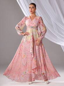 Women's Elegant Floral All-Over Print Arabic Style Dress, Modest - Pink - View 2