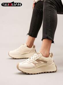 Fashionable, Elegant And Comfortable Thick Sole Casual Sneakers, Retro College Style, Suitable For Women. New Fashionable, Multi-Functional Thick-Soled Platform Sneakers For Spring And Summer - Khaki - View 6