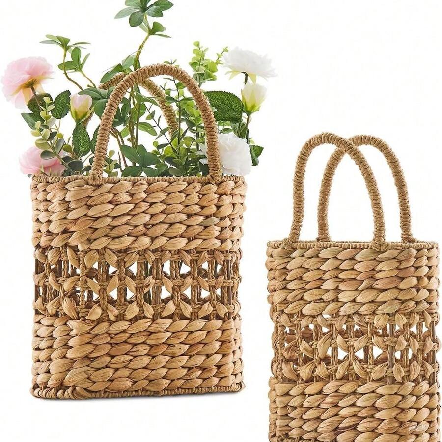 Wall Hanging Pocket Basket Open Weave Water Hyacinth Storage Belly Basket Decorative Boho Mounted Organizer Front Door Basket For Flower Plants - 2P_Original - View 1