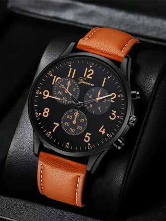 Fashionable Minimalist Business Faux Three-Eye Numeric Roman Numeral Black Leather Strap Men's Quartz Wrist Watch, Casual Sports Watch, Best Gift For Father's Day And Back To School Students