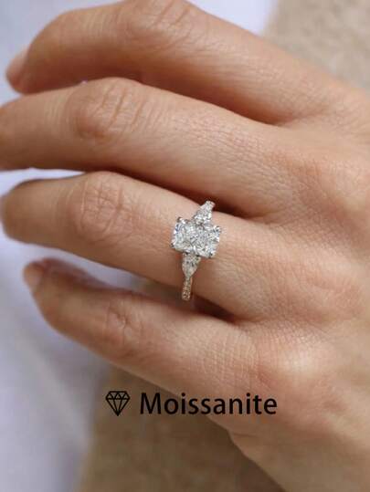 1pc Women's Quality Single Ring, 2.2g Solid 925 Sterling Silver, 2ct Emerald Cut Moissanite Engagement Ring, Elegant And Luxurious Jewelry, Engagement, Wedding, Anniversary Gift, Comes With Moissanite Certificate And Elegant Gift Box