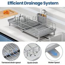 TOOLF Expandable Dish Rack Dish Drying Rack For Kitchen Counter Foldable Dish Dryer Rack Stainless Steel Dish Drainer Racks With Cutlery Holder Collapsible Dish Drying Racks Large Size Gray - 灰色1 - 查看 5