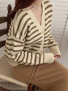 Casual Loose Striped Drop Shoulder Cardigan, Autumn/Winter