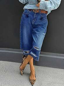 Women's Distressed Pocket Detail Denim Cropped Jeans - Dark Wash - View 2