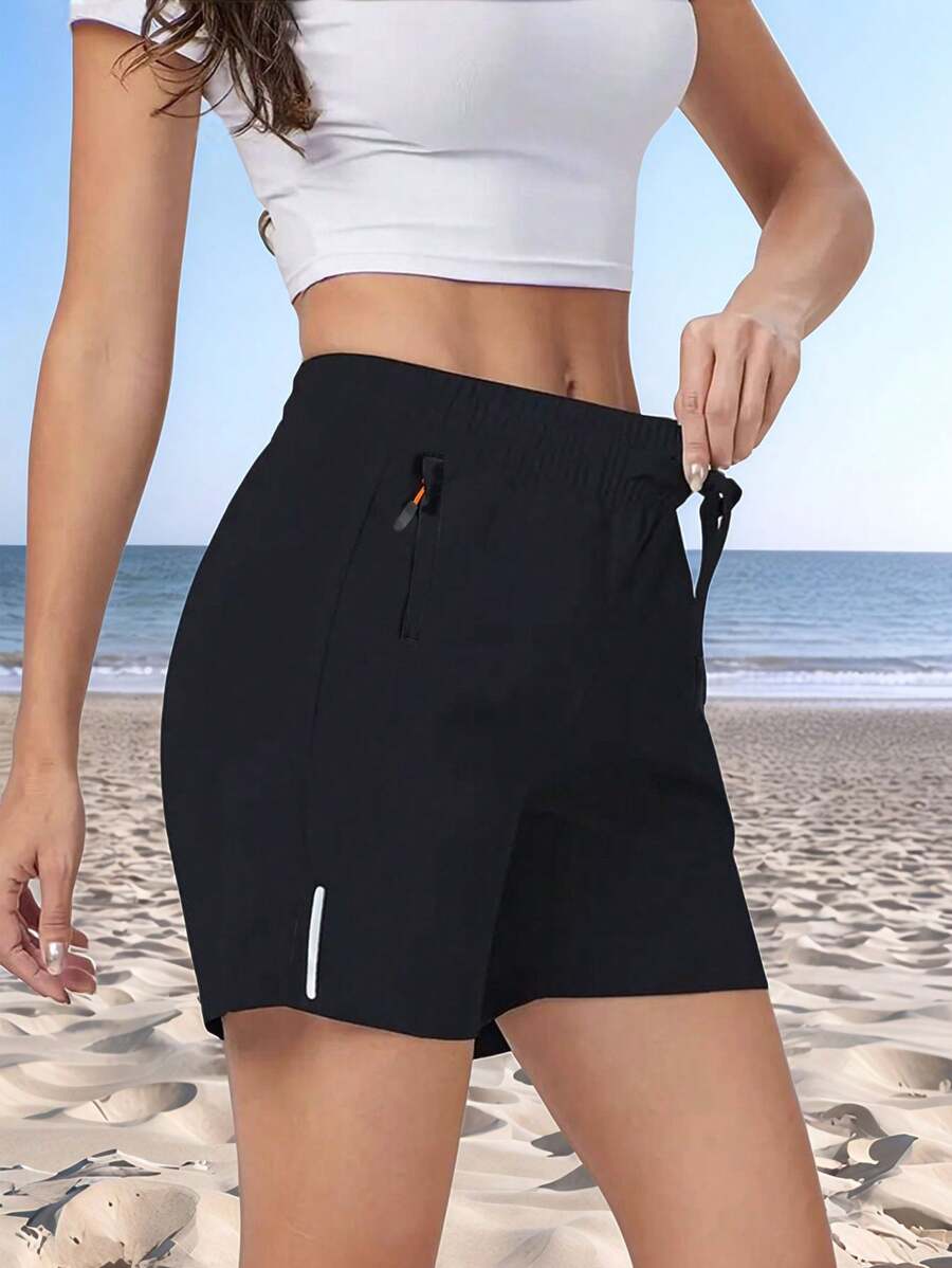 1 chiếc quần short thể thao nữ mùa hè có dây rút ở eo, thích hợp cho các hoạt động thể thao và ngoài trời vào mùa hè, màu đen.