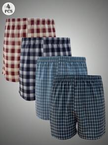 4条装男士休闲格子印花平角内裤，宽松透气弹力腰带睡衣短裤，夏季 - 彩色 - 查看 3