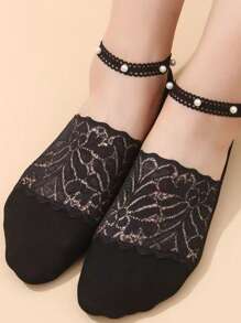 Lace Trim Pearl Lace Bowknot Low Vamp Breathable Invisible Socks, Thin & Fashionable, Versatile - Peacock Black - View 9