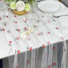 1 pieza Camino de mesa bordado con margaritas, mantel de encaje sencillo, decoración bordada con margaritas y verdor en estilo rústico y elegante, adecuado para bodas, reuniones familiares, fiestas de cumpleaños y decoración textil DIY