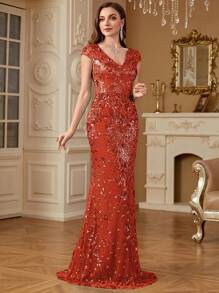 hezixi Đầm dạ hội sang trọng đính sequin lấp lánh, kiểu đuôi cá dài, đầm dự tiệc cưới, cocktail cao cấp, phù hợp cho khách mời dự đám cưới. - Màu Cam cháy - Xem 8