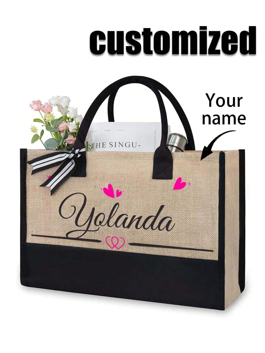 1Pc Personalized Custom Burlap Tote Bag, Large Capacity Printed Tote Bag ,Personalized Present Bag,Gift Bag Women High-Capacity Handbag Graduation Gifts Letter Print Fashionable Tote Bag, School Gift,Lightweight Shopping Bag