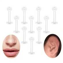 Set de 10 piezas de pendientes de bola redonda transparente acrílica invisible y anillos de labio - Blanco - Ver 3