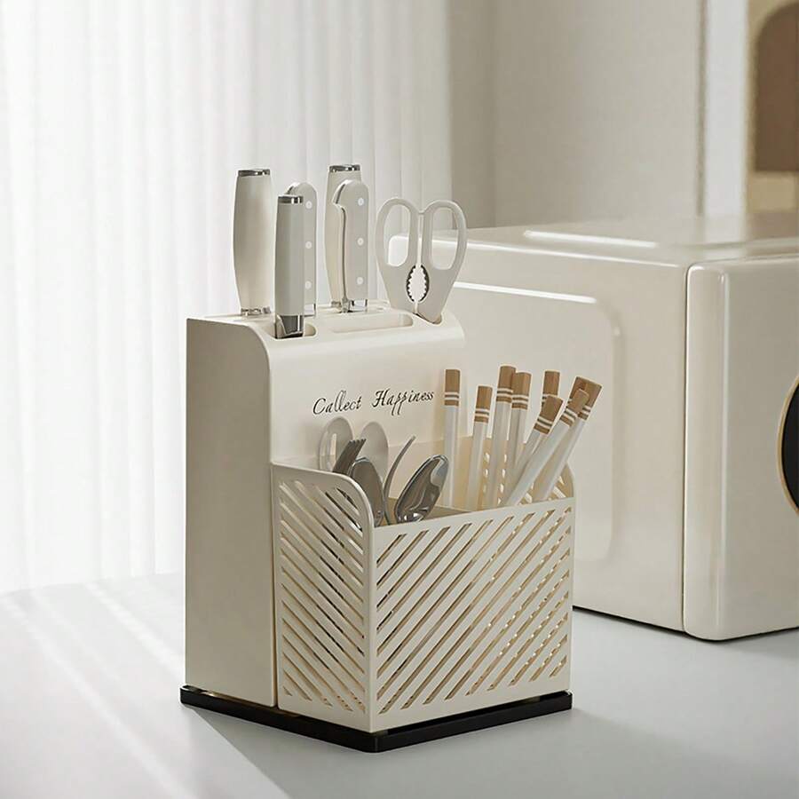 Kitchen Knife Storage Rack Countertop Cutlery Holder Kitchen Utensil Organizer Rack Knife Holder Fork Spoon Storage Box With Kitchen Storage Supplies - White - View 1