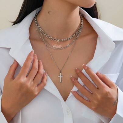 4pcs Fashion Cross Alloy Pendant Necklaces With Geometric Multi Layer Chain Design, Versatile Accessories For Women