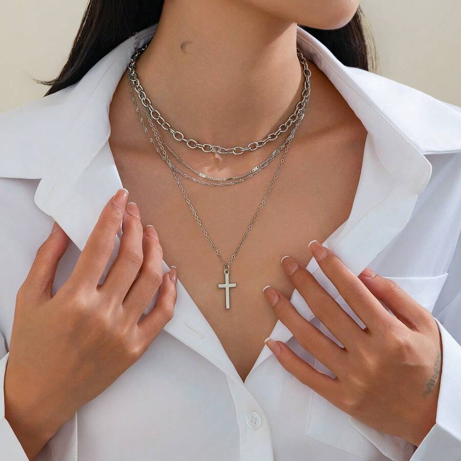 4pcs Fashion Cross Alloy Pendant Necklaces With Geometric Multi Layer Chain Design, Versatile Accessories For Women