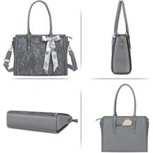 MOSISO Laptop Bag Women, PU Leather Tote Bag, Front Embossed Retro Hibiscus Computer Bags With Silk Scarf&Clutch Purse - 藍航 - 查看 6