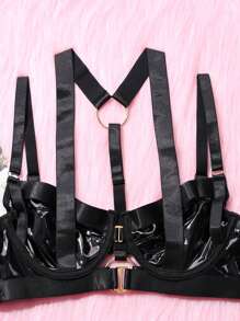 女士吊带文胸和内裤套装性感绷带内衣套装弹力吊带罩杯肩带文胸上衣网眼 - 黑皮 - 查看 4