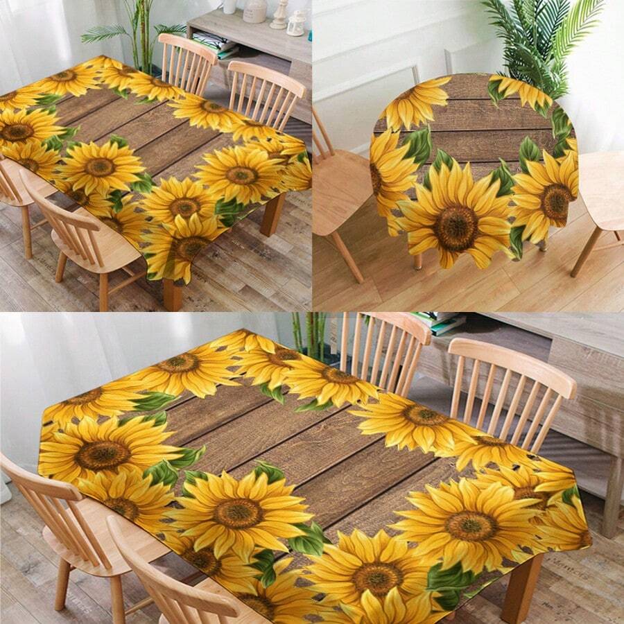 1pc Wood Grain Sunflower Print Tablecloth, Modern Polyester Rectangular & Round Waterproof Tablecloth, Digital Printing Suitable For Living Room, Home, Outdoor Dining Table, Small Round Table - Multicolor - View 1