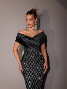 Modphy Murphy Luxury Rhinestone Decor Sexy V-Neck Off-Shoulder Sleeveless Bodycon Long Bandage Dress, Suitable For Wedding Guests, Birthday Parties And Other Formal Occasions - Black - View 8