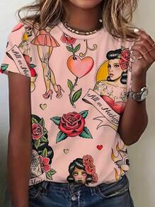 Women's Short Sleeve Round Neck Knit Fabric Regular Length T-Shirt, Unique Printed Pattern, High Elasticity Regular Hem - Pink - View 1
