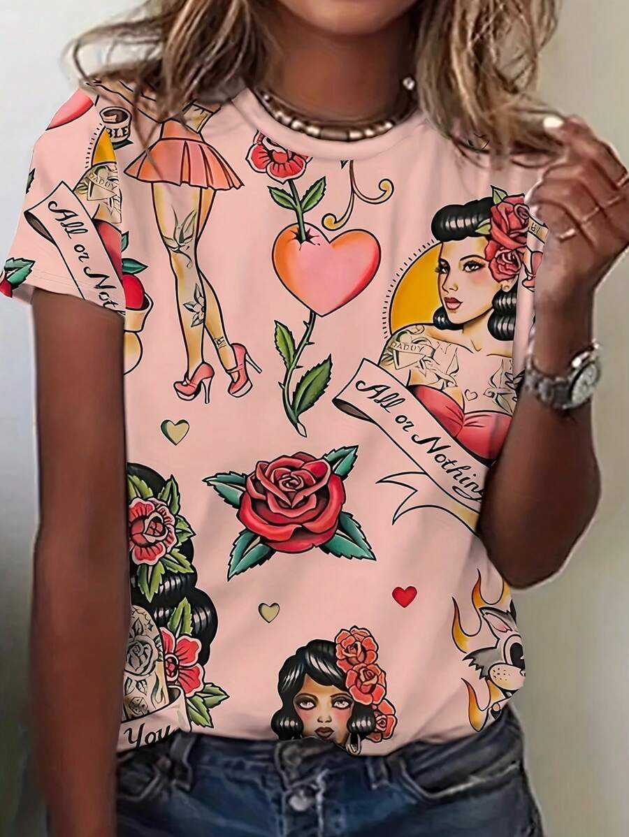 Women's Short Sleeve Round Neck Knit Fabric Regular Length T-Shirt, Unique Printed Pattern, High Elasticity Regular Hem - Pink - View 1