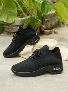 Women's Casual Breathable Shock-Absorbing Walking Shoes, Fashionable Wedge Thick-Soled Sneakers - Black - View 4