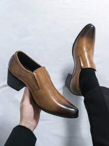 Zapatos formales de hombre, tacón de cuña, punta puntiaguda de unicolor, zapatos formales de monje para hombre, zapatos de fiesta - Marrón - Ver 2