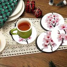 4pcs Colorful Floral Round Coasters, Colorful Printed Heat Insulation Mats, Vivid Butterfly Pattern Decor Coasters, Non-Slip Table Mats, Kitchen Supplies, Car Coasters, An Ideal Gift For Flower Lovers