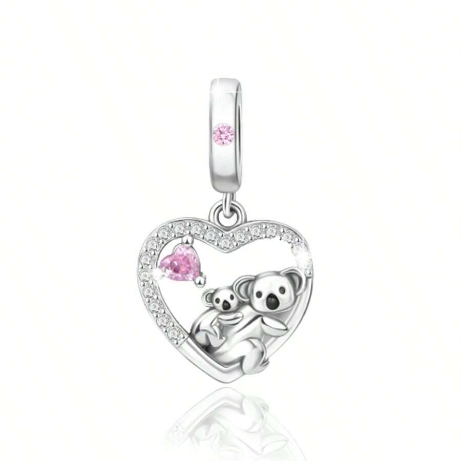 1pc Su-Carata Silver-Plated Animal Series Playful Koala Heart Pendant Decoration, Suitable For Bracelets And Necklaces, Jewelry Beads And Accessories, Gift For Female Friends And Family