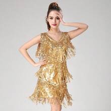 1pc Tasseled Sequin Latin Dance Dress, V-Neck Party Dress, V-Neck Shiny Leather Dance Performance Costume, Fashionable Dance Attire - Multicolor - View 24