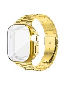 2 件金色不锈钢和 TPU 软质材料可调节表带 + 表壳盖，保护屏幕和机身，兼容手表 Ultra 3 2 1 SE S10/S9/S8/S7/S6/S5/S4/S3/S2/S1，适合男士和女士的多功能礼物 - 金色 - 查看 5