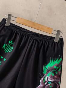 Teen/Youth Boys' 2pcs Casual Black Set - Round Neck Short Sleeve T-Shirt And Shorts With 3D Lion & Letter Print, Suitable For Street Wear, College Style - Black - View 6