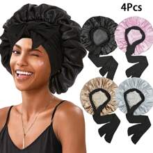 Awegeo 4 件装女士缎面软帽，带可调节黑色系带扣 - 纯色丝绸睡帽，用于保护头发、舒适居家和日常使用