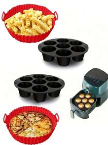4 件/2 件/1 件 7 杯硅胶松饼模具和空气炸锅内胆 - 不粘、可重复使用的圆形食物篮套装、不粘纸杯蛋糕盘，适用于微波炉厨房配件，适用于空气炸锅，适合大多数型号，非常适合家庭、厨房、露台、房车使用，无需电力 - 彩色 - 查看 20