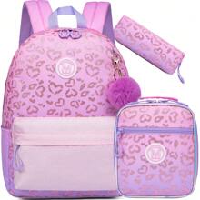 3 件套女孩背包学校背包带午餐盒铅笔盒适合 8-10 岁小学生儿童旅行背包 3 合 1 女孩背包套装热压豹纹背包