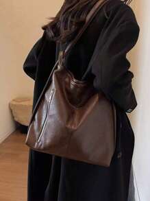 优雅纯色 PU 皮革女士单肩包，大容量女士手提包，可单肩或双肩背包