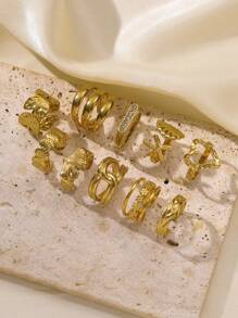 10 件时尚精致不锈钢戒指 18k 镀金花朵贝壳海星叶镶钻石几何图案女士戒指套装适合日常使用节日约会订婚婚礼母亲节礼物珠宝