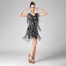 1pc Tasseled Sequin Latin Dance Dress, V-Neck Party Dress, V-Neck Shiny Leather Dance Performance Costume, Fashionable Dance Attire - Multicolor - View 13