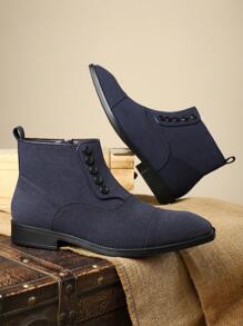 Men's Korean Version High Top Pointed Toe Side Zipper Soft Bottom Boots, New Style British Button Retro Versatile Leather Boots - Blue - View 1