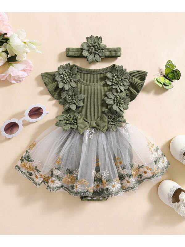 Baby Girls Rompers Round Neck Embroidery Jumpsuits With Headband